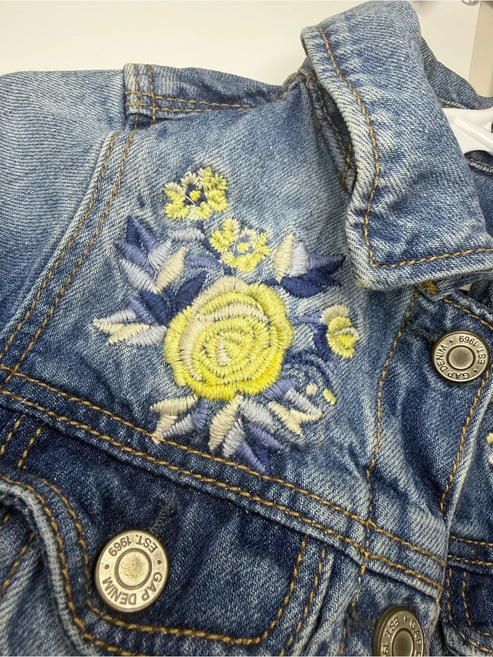 Gap Girls' Denim Belle Jean Jacket with Yellow Floral Embroidery